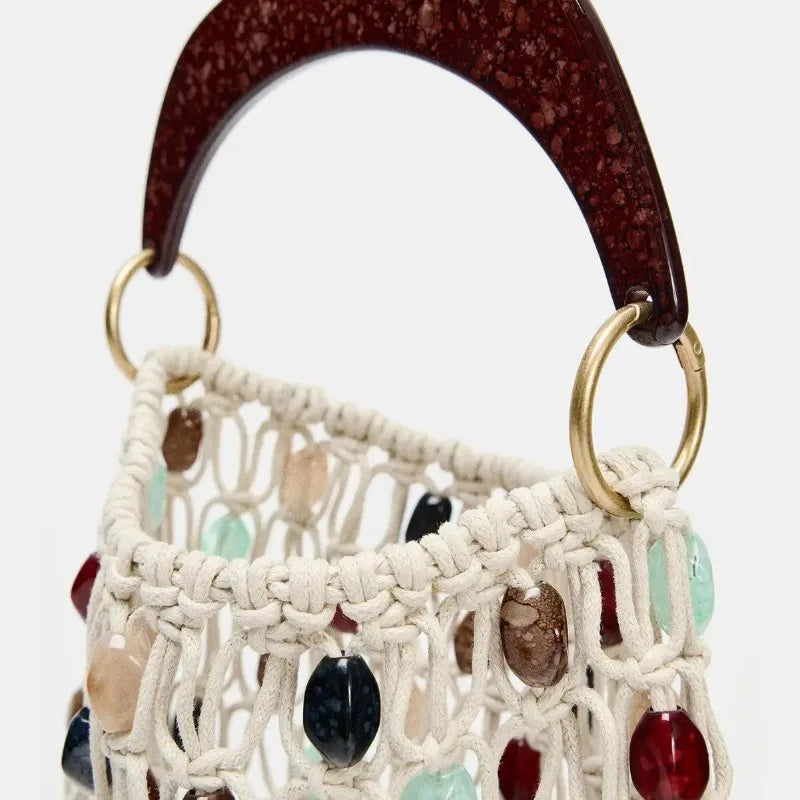 Bohemian Rope Crochet Women Bag Beading Beach Bag Handmade Woven Shoulder Bag