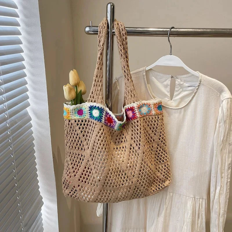 Bohemian Handmade Beach Tote Bag Beads Trim Straw Crochet Women Shoulder Bag