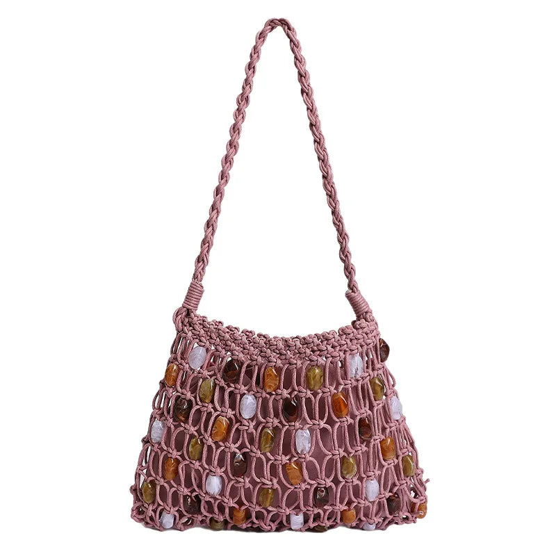 Sac à bandoulière femme en perles creuses, tricoté en corde, sac fourre-tout en crochet bohème.