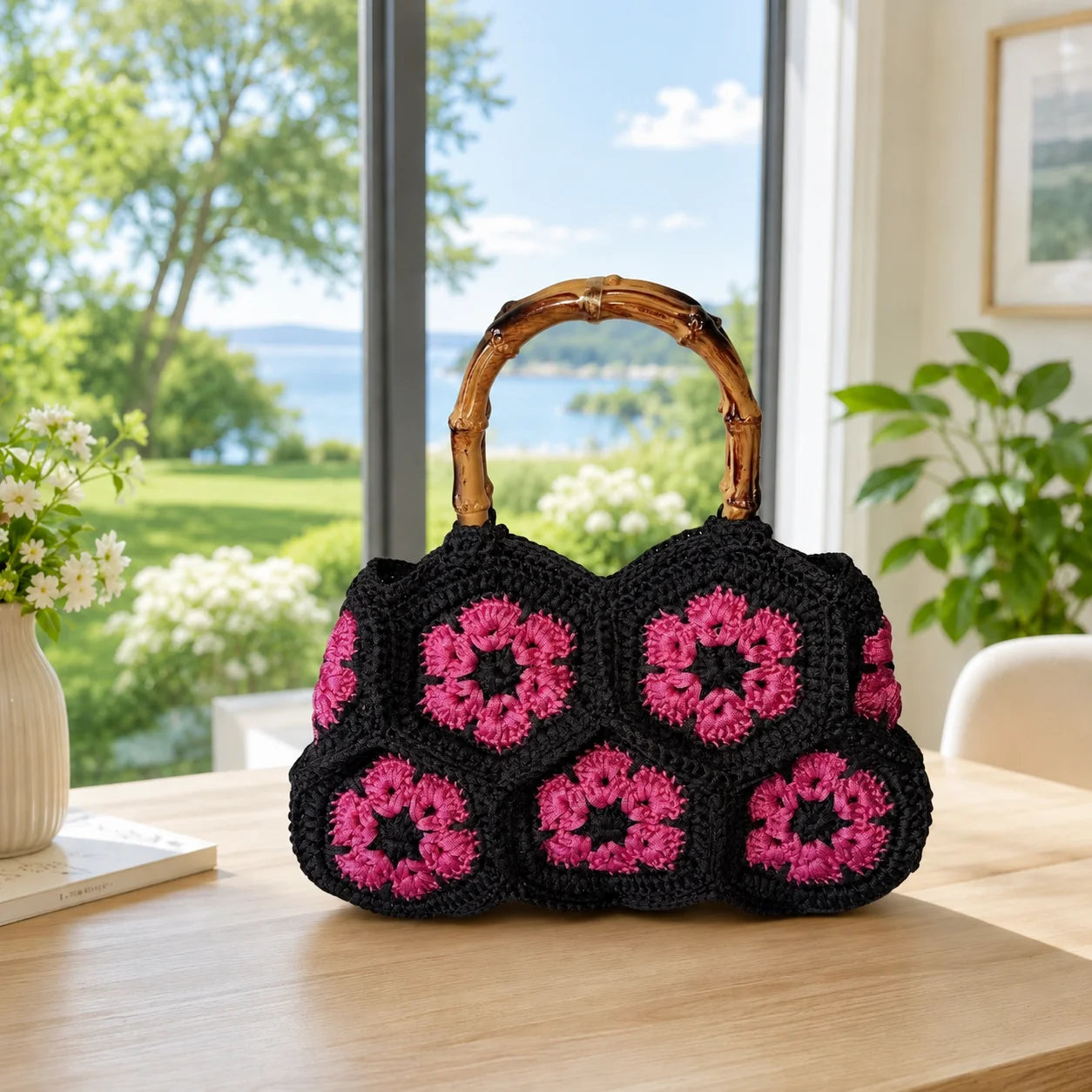 Sac fourre-tout en crochet floral tissé à la main, style rétro, avec motifs "granny square" pour femme, idéal pour le quotidien et les voyages