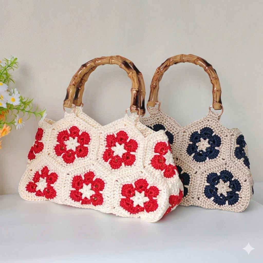 Handmade Crochet Granny Square Tote Bag With Bamboo Style Handle Vintage Flower