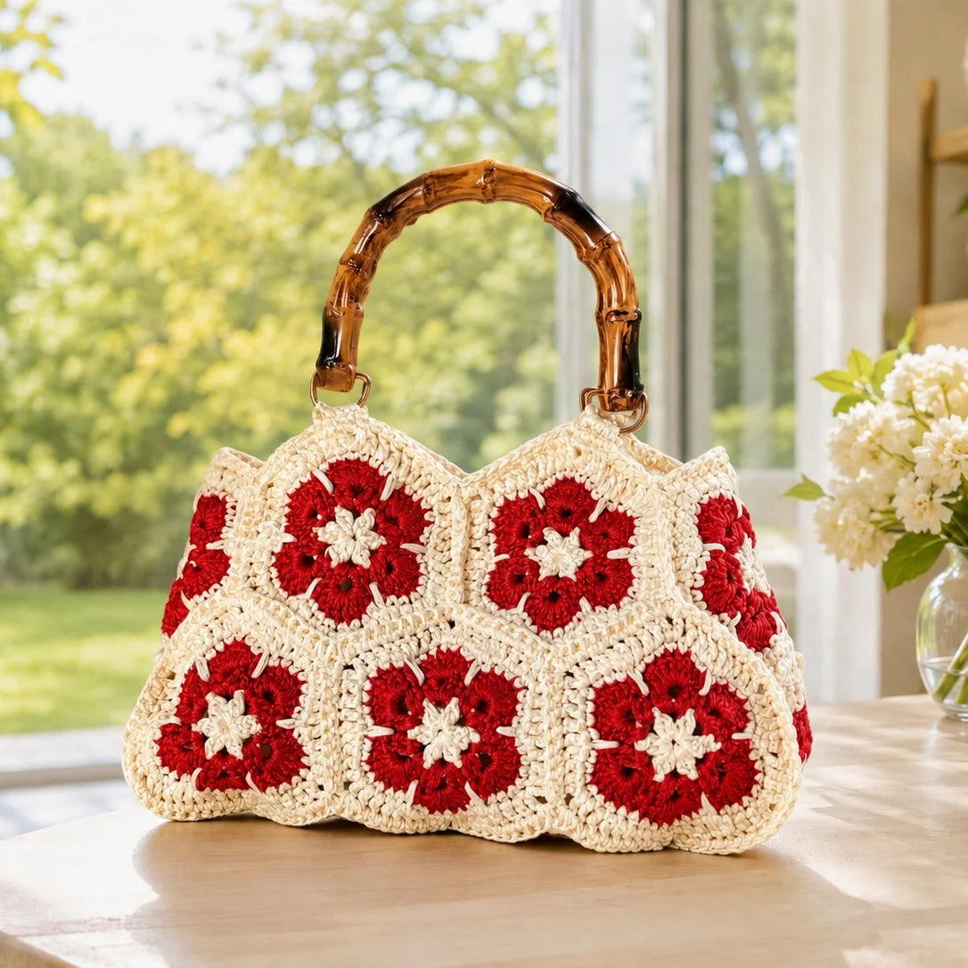 Handwoven Floral Crochet Bag Retro Granny Square Tote For Women Daily Travel