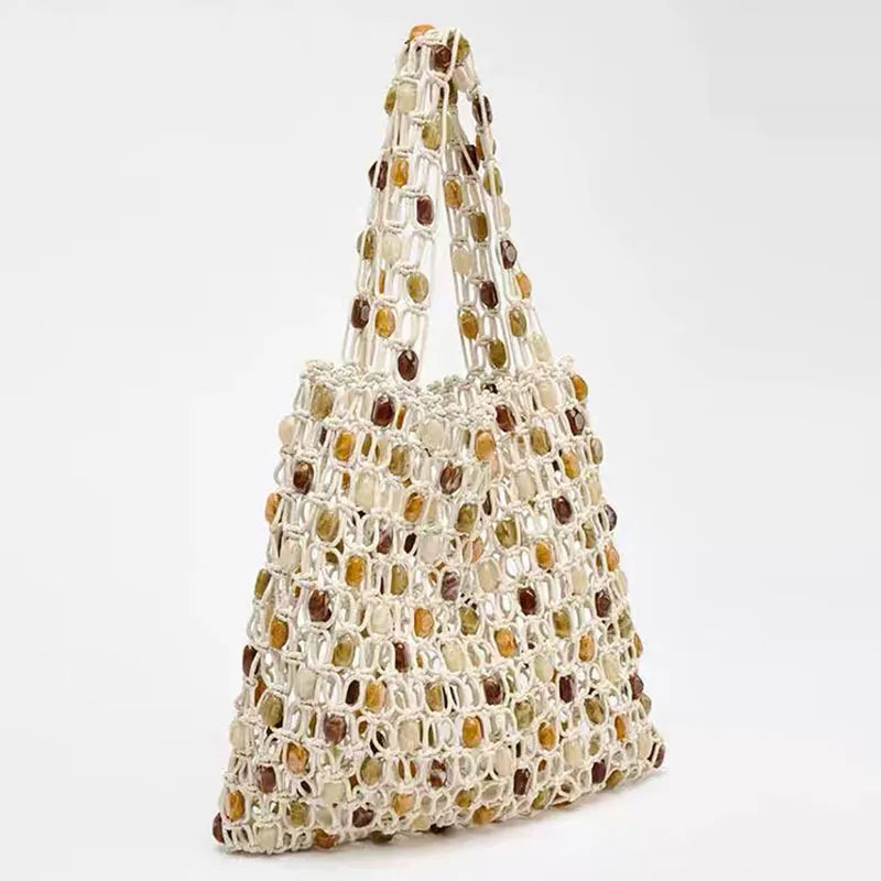 Bohemian Rope Crochet Women Bag Beading Beach Bag Handmade Woven Shoulder Bag