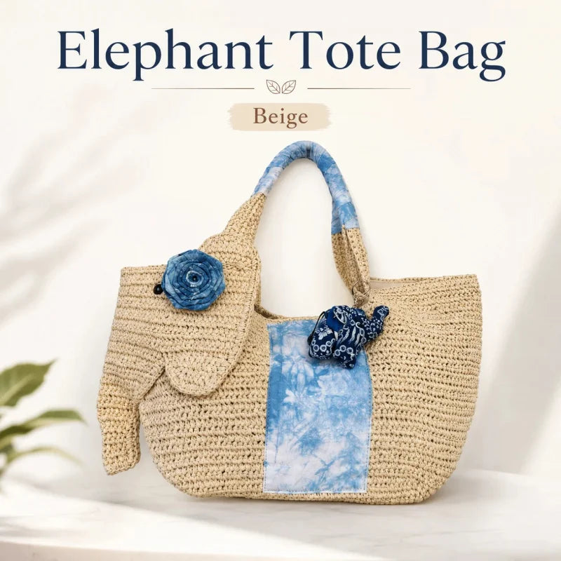 Elephant Straw Woven Tote Bag Handmade Beach Bag Large Capacity