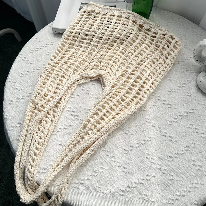 Solid Color Knitting Shoulder Bag Hollow Out Bohemian Crochet Tote For Women
