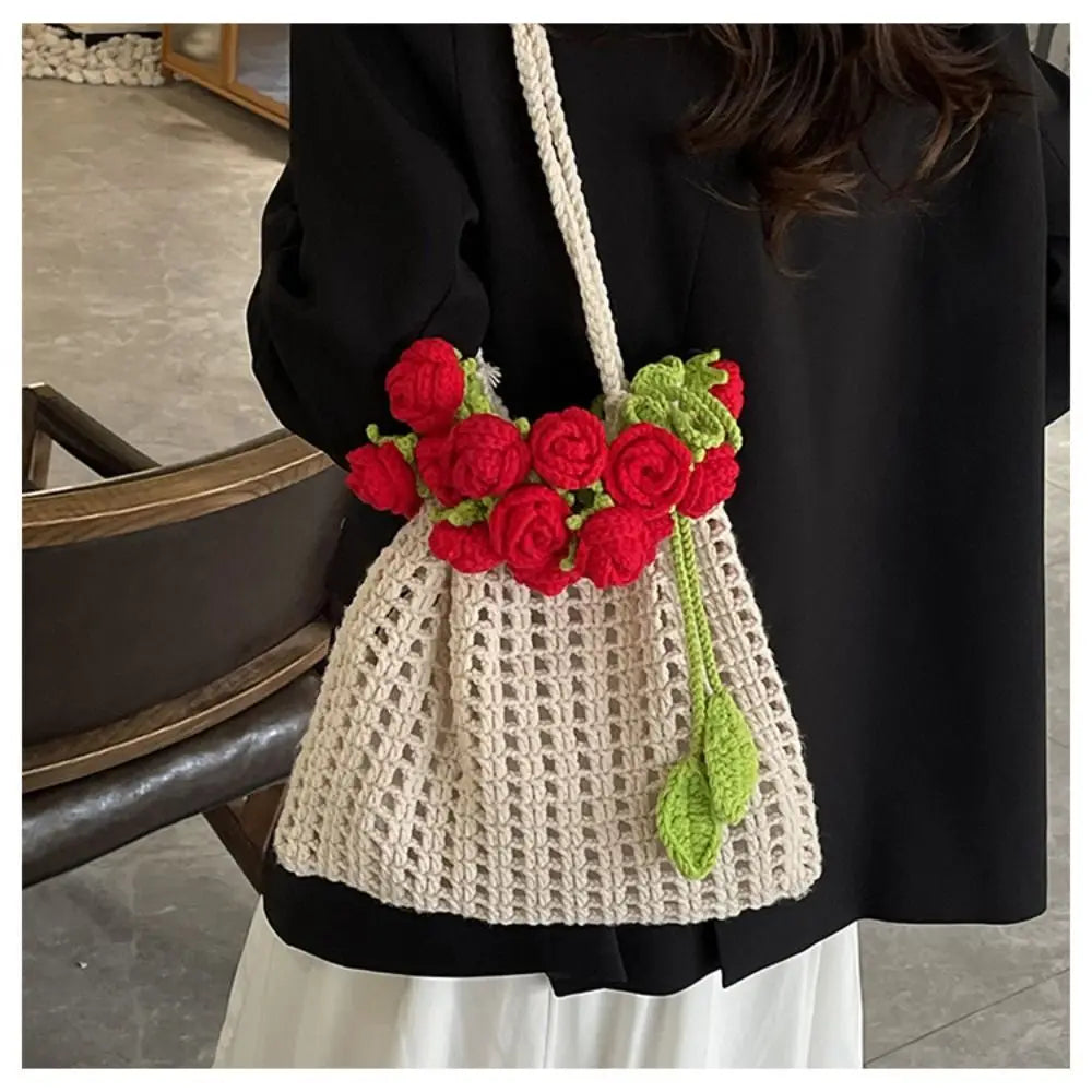Bohemian Rose Crochet Rope Beach Bucket Bag With Flower Knitted Shoulder Bag