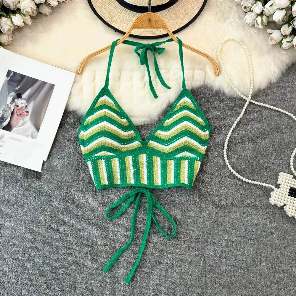 Haut débardeur Bohème au Crochet Dos Nu Creux pour Femme Vêtements de Plage Tricot Rayé