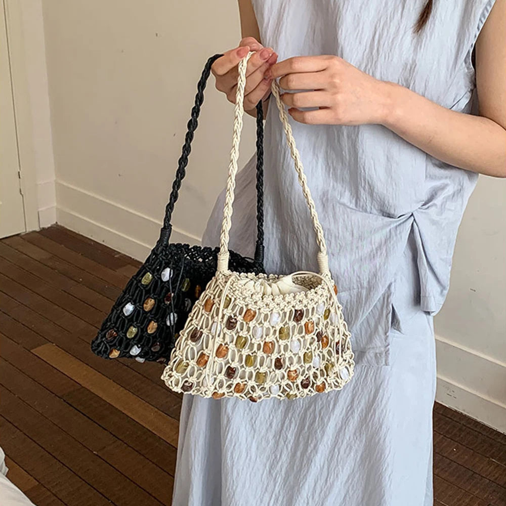 Hollow Beading Womens Shoulder Bag Rope Knitting Bohemian Crochet Mesh Tote Bag