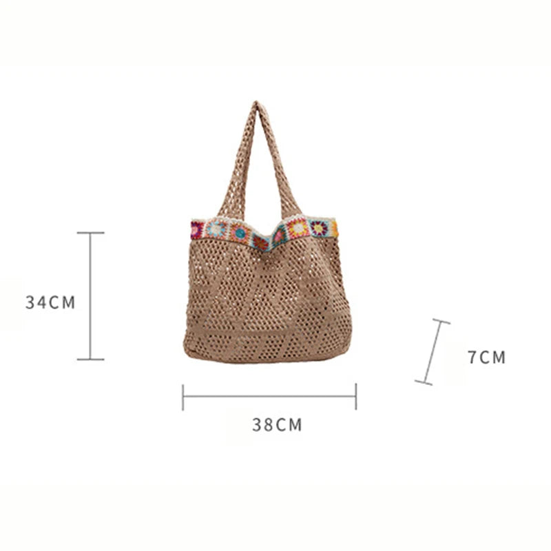Bohemian Handmade Beach Tote Bag Beads Trim Straw Crochet Women Shoulder Bag