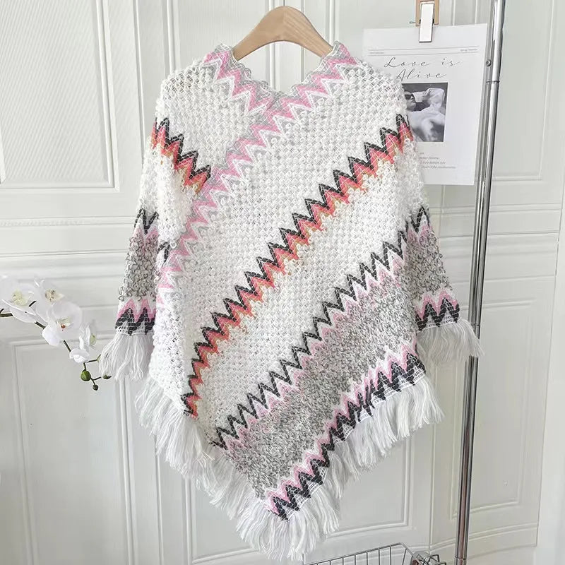 Striped Tassel Knit Shawl For Women Poncho Style Polyester 65x70cm