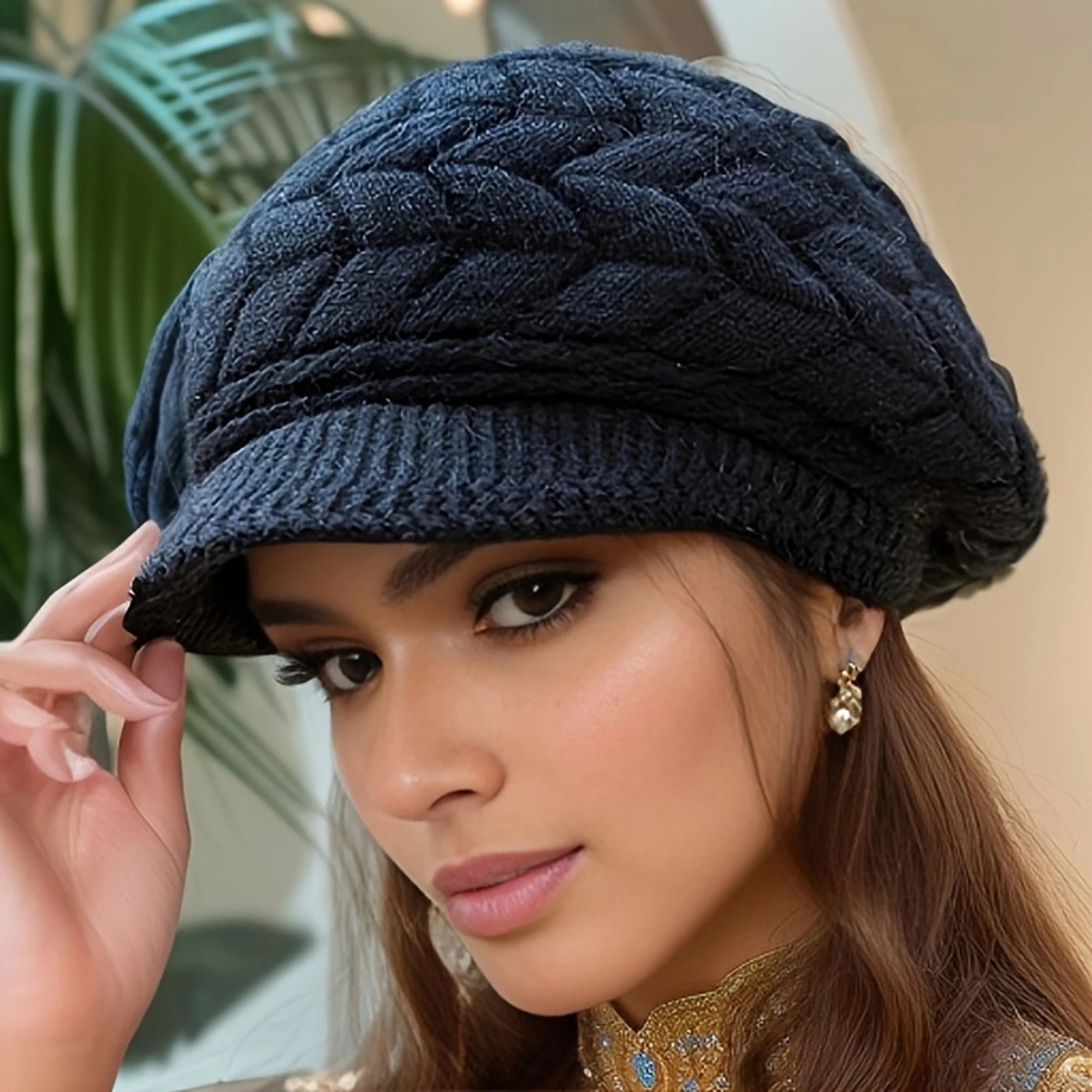 Bonnet en tricot d'hiver rétro pour femme avec visière pour la course à pied et le ski en extérieur