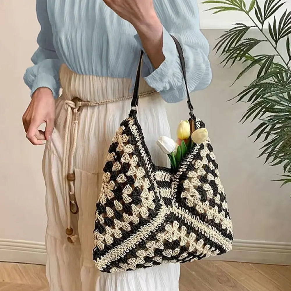 Summer Straw Crochet Bag For Women Beach Shoulder Tote Vacation Bag