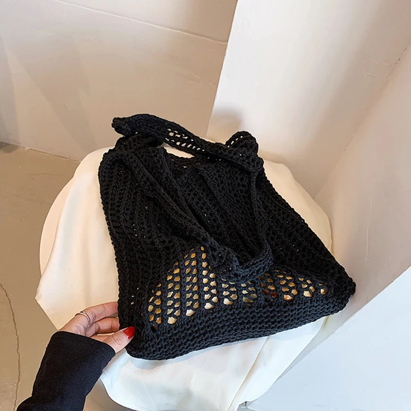 Sac à bandoulière fourre-tout en crochet de couleur unie Yogodlns, sac à main bohème tissé