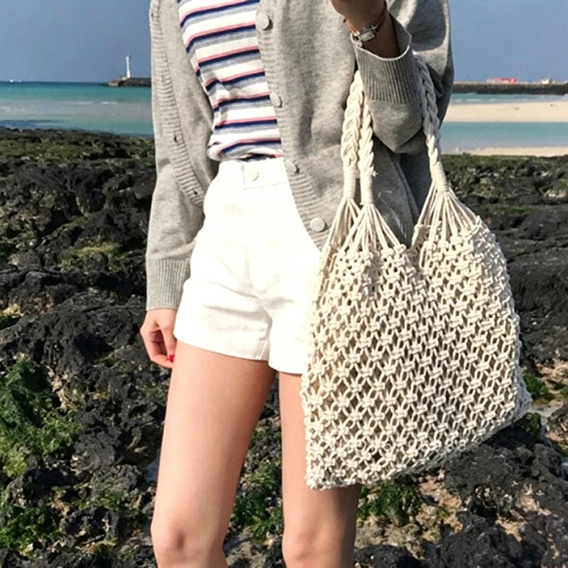 Hollow Crochet Mesh Shoulder Bag With Inner Pocket Women Solid Color Tote Bag