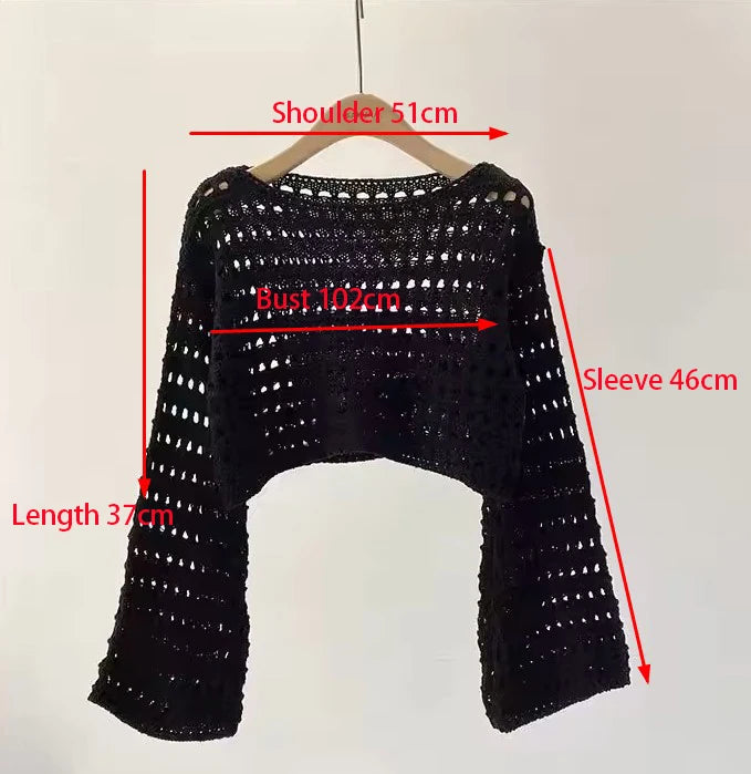 Boho Crochet Knit Long Sleeve Beach Cover Up For Women Vacation Top