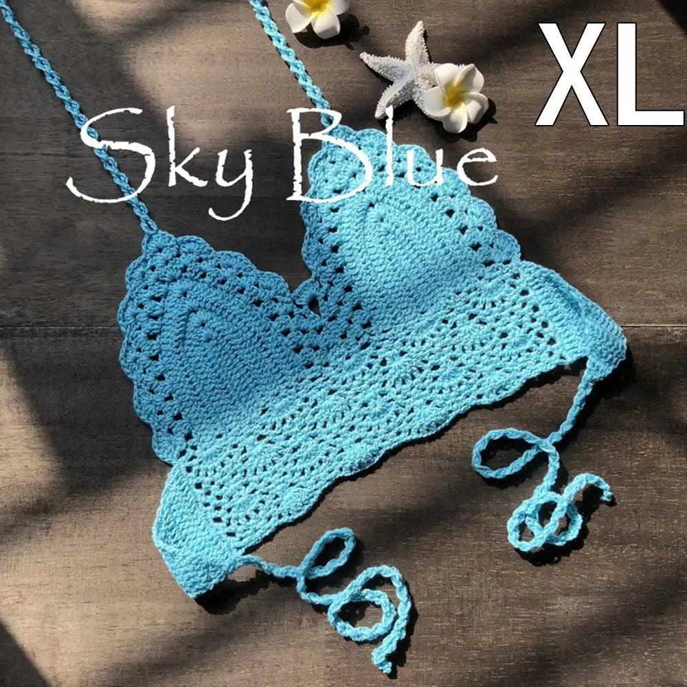 Haut court tricoté en crochet, type bralette, bikini, débardeur dos nu, style bohème, pour femmes