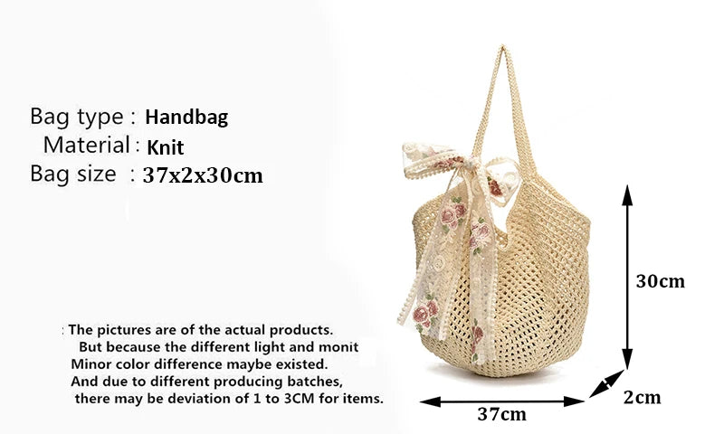 Summer Lace Bow Tote Bag For Women Raffia Rattan Crochet Shoulder Bag 2025