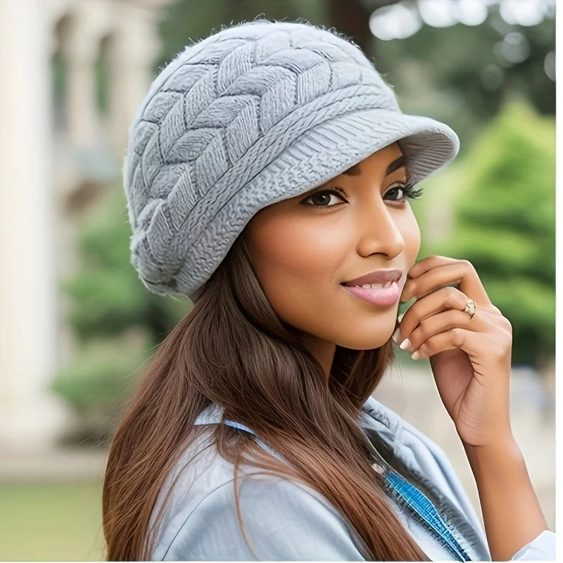 Bonnet en tricot d'hiver rétro pour femme avec visière pour la course à pied et le ski en extérieur