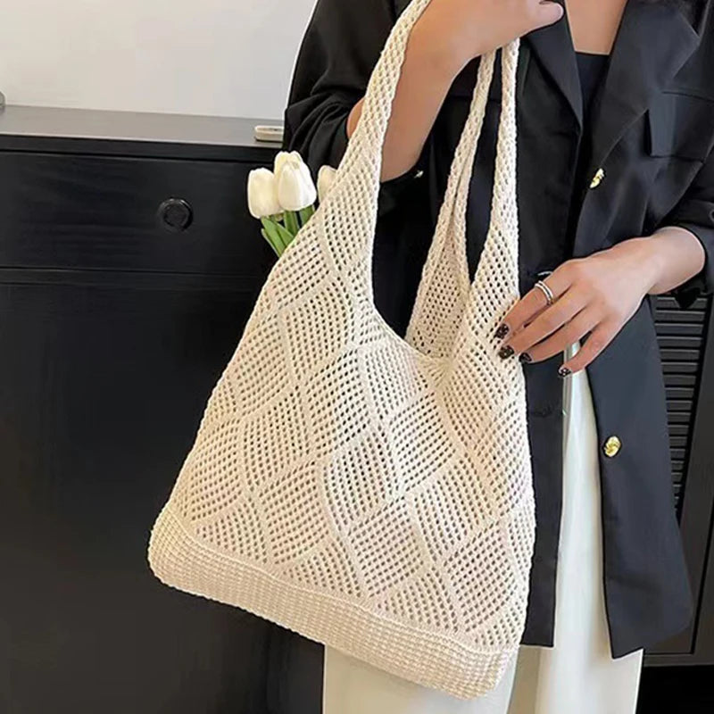 New Fashion Large Capacity Knitted Tote Bag for Women Handheld Shoulder Shopping