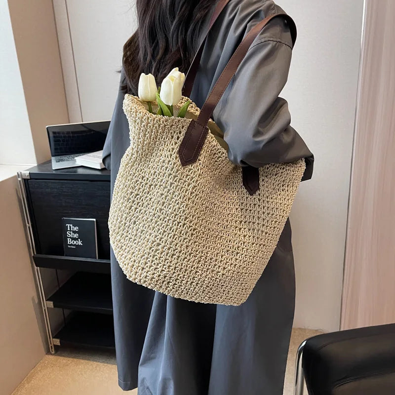 Women Bohemian Straw Shoulder Bag Large Crochet Tote For Beach Summer Woven