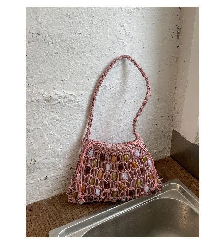 Hollow Beading Womens Shoulder Bag Rope Knitting Bohemian Crochet Mesh Tote Bag