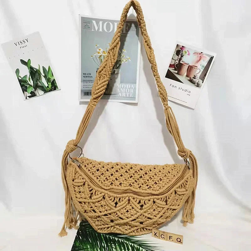 Sac tricoté d'été pour femmes, sac banane bohème au crochet, sac bandoulière fourre-tout