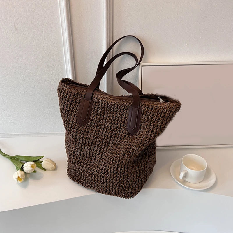 Women Bohemian Straw Shoulder Bag Large Crochet Tote For Beach Summer Woven