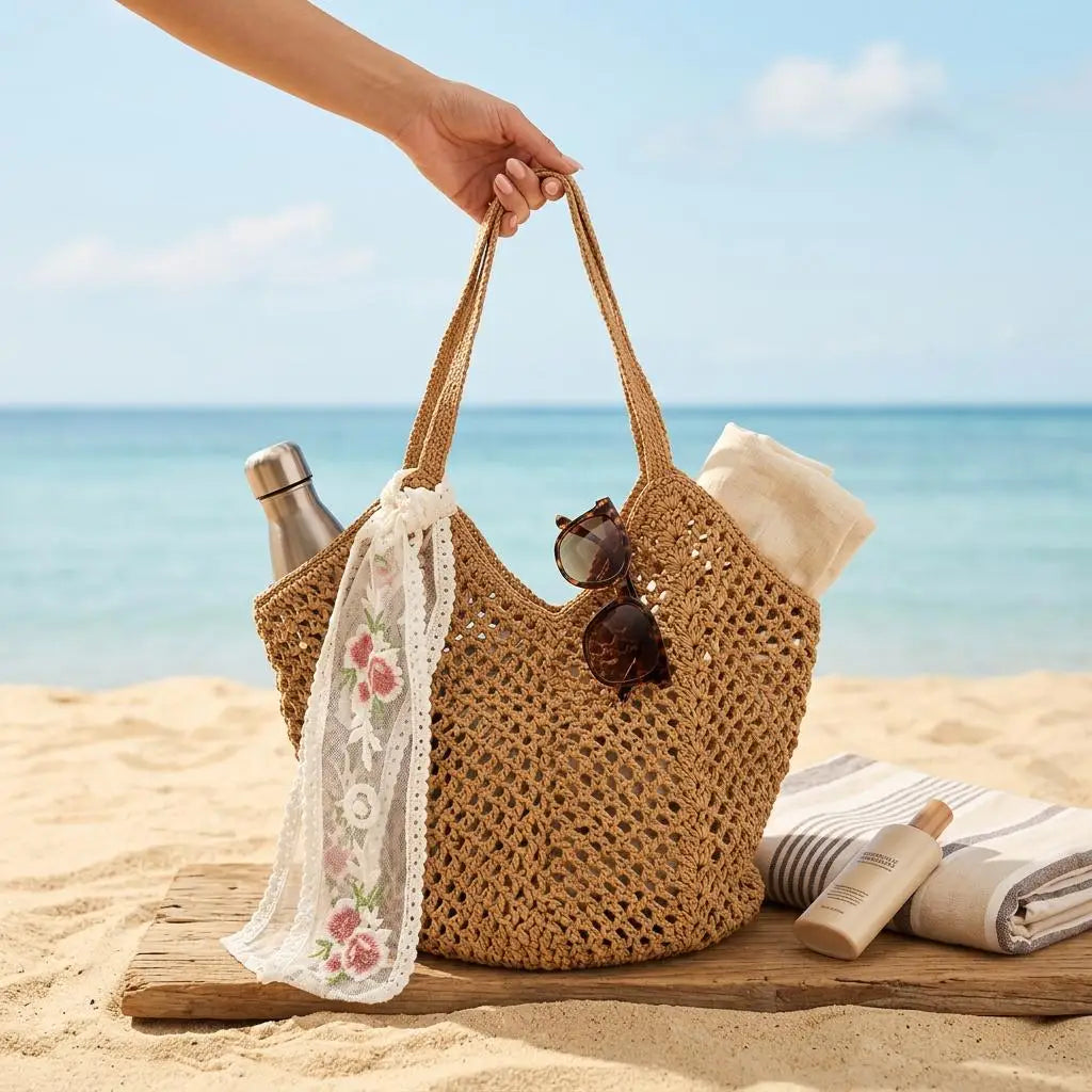 Women's Crochet Tote Bag Set Two Piece Large Capacity Hollow Woven Shopping Bag