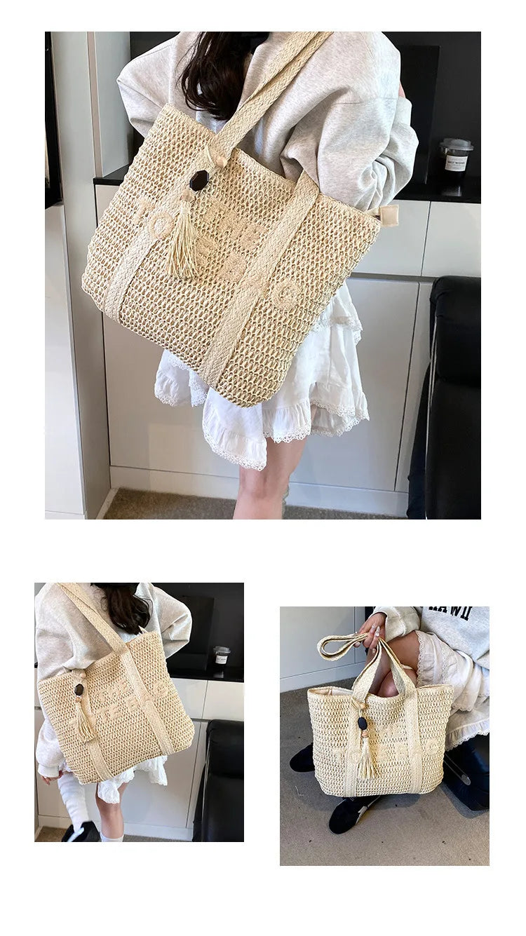 French Style Large Capacity Woven Straw Shoulder Bag For Women Beach Vacation