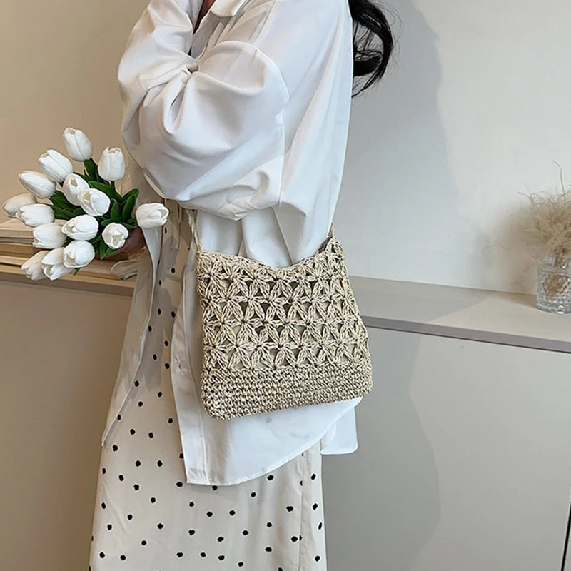 Women Beach Woven Straw Shoulder Messenger Bag Boho Crossbody Macrame Purse