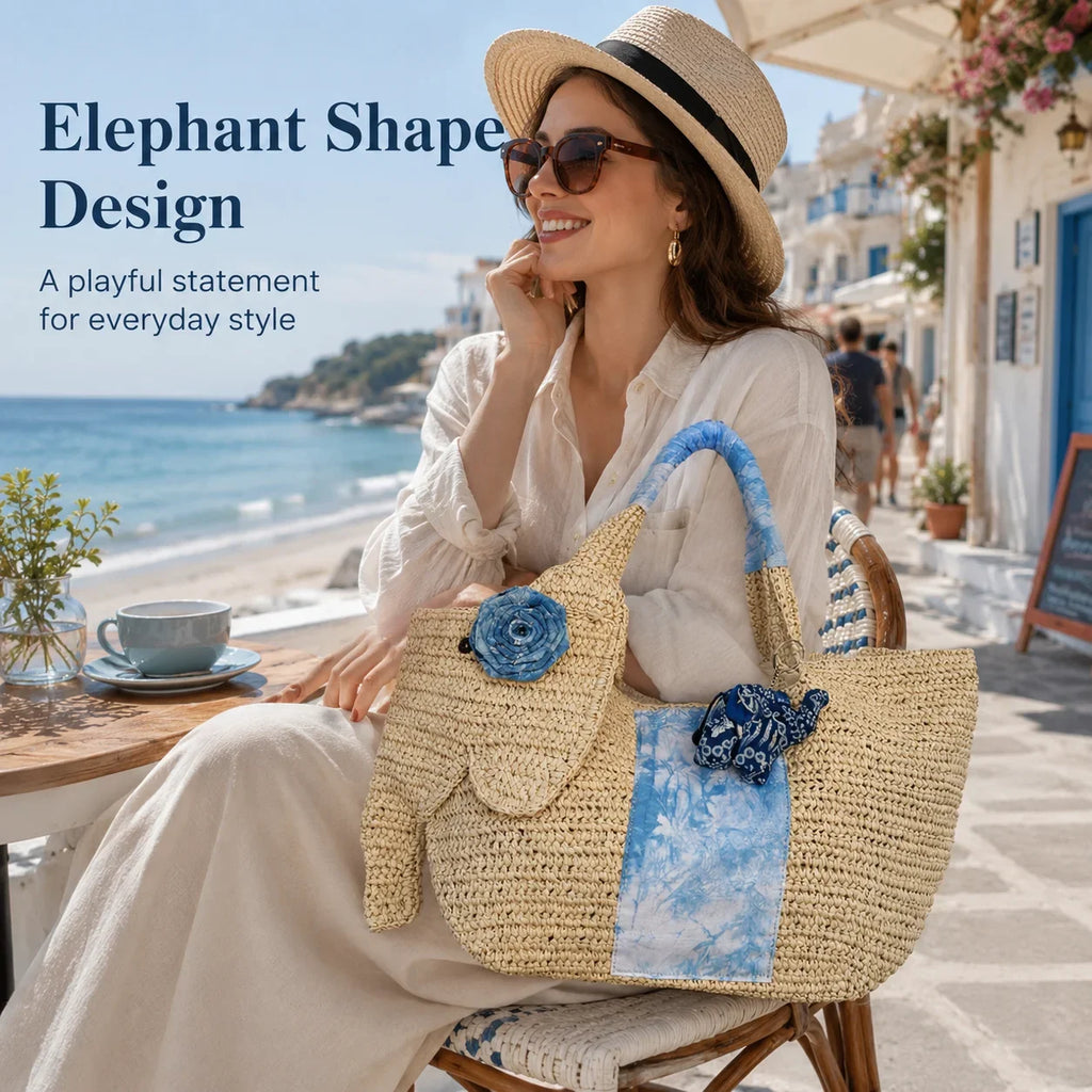 Elephant Straw Woven Tote Bag Handmade Beach Bag Large Capacity