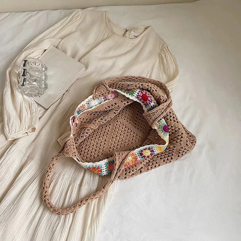 Bohemian Handmade Beach Tote Bag Beads Trim Straw Crochet Women Shoulder Bag