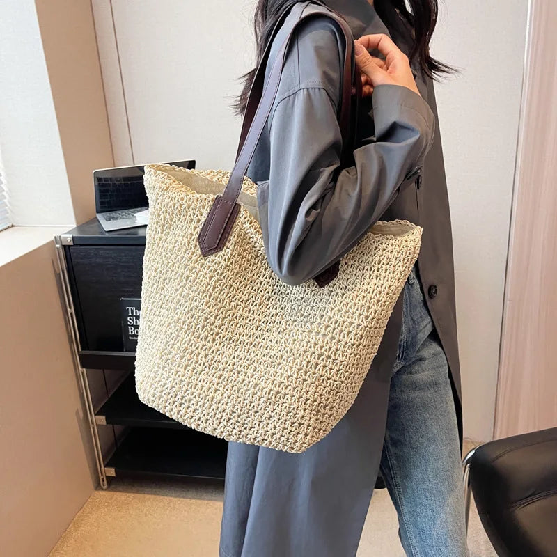 Women Bohemian Straw Shoulder Bag Large Crochet Tote For Beach Summer Woven