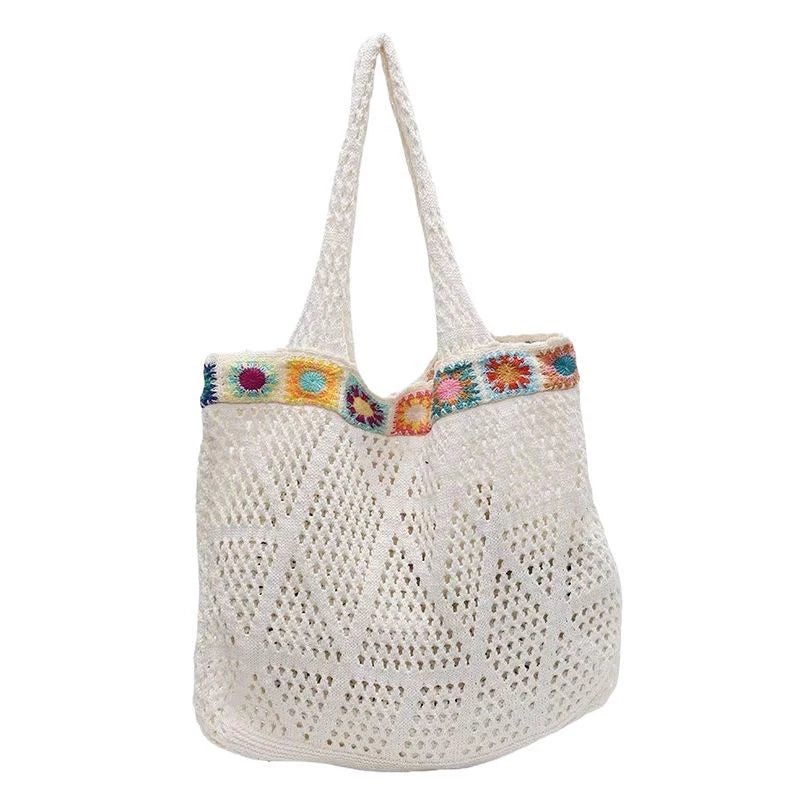 Bohemian Handmade Beach Tote Bag Beads Trim Straw Crochet Women Shoulder Bag