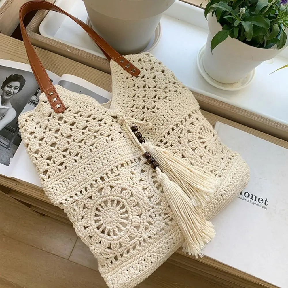 Bohemian Crochet Tote Bag Large Capacity Boho Weave Ethnic Beach Style Bag