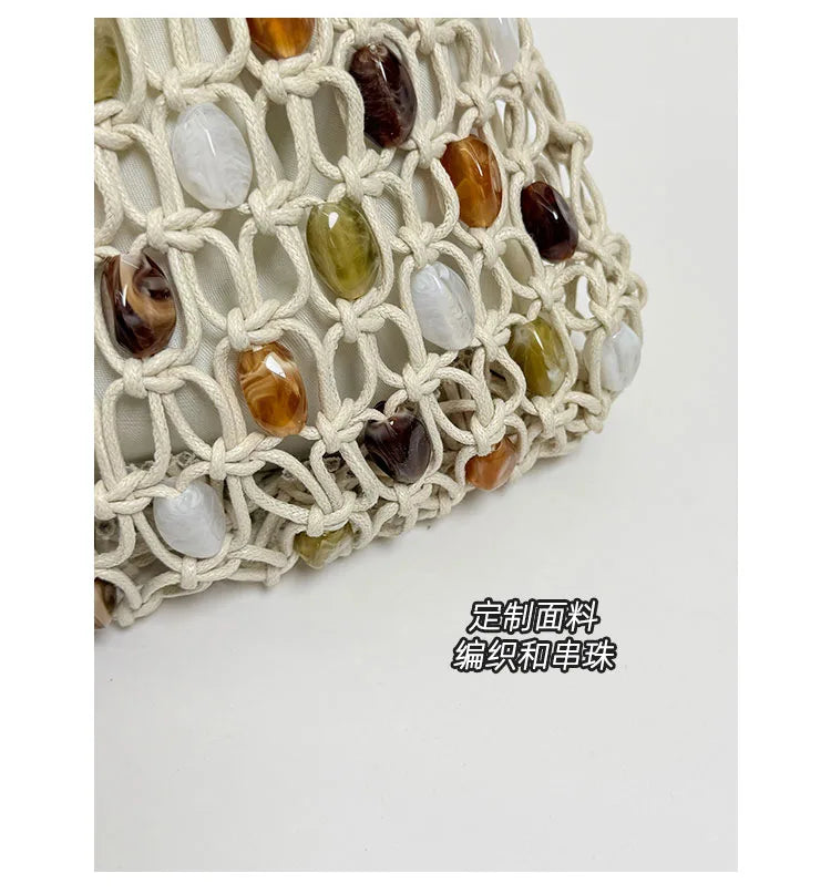 Hollow Beading Womens Shoulder Bag Rope Knitting Bohemian Crochet Mesh Tote Bag