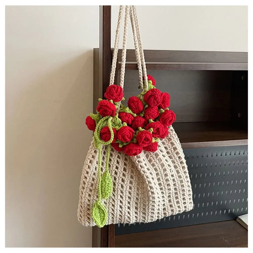 Bohemian Rose Crochet Rope Beach Bucket Bag With Flower Knitted Shoulder Bag