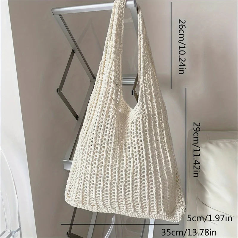 Yogodlns Solid Color Crochet Tote Shoulder Bag Bohemian Woven Handbag