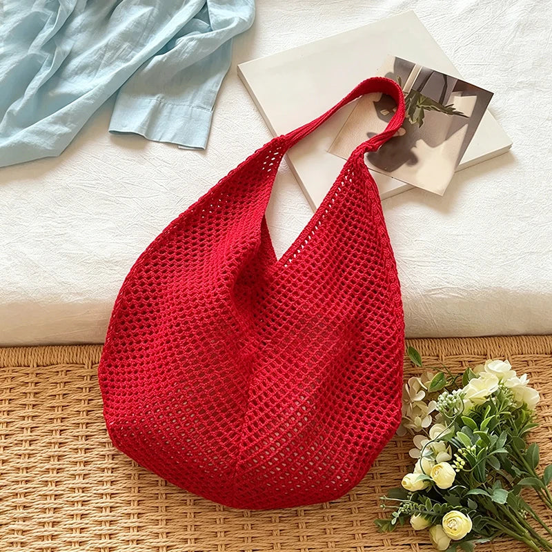 Women Hollow Woven Shoulder Bag Large Capacity Crochet Tote Beach Bag