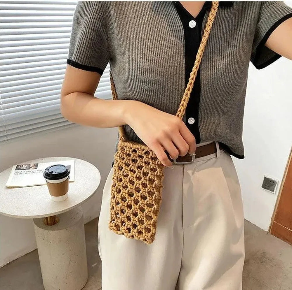 Hollow Out Woven Crochet Crossbody Phone Bag Women Lightweight Shoulder Bag