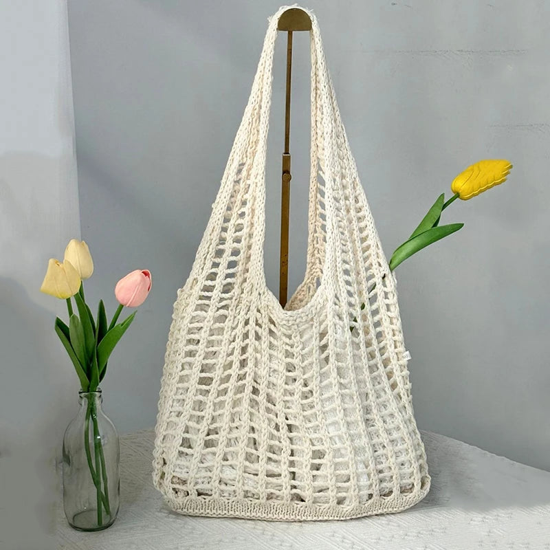 Solid Color Knitting Shoulder Bag Hollow Out Bohemian Crochet Tote For Women