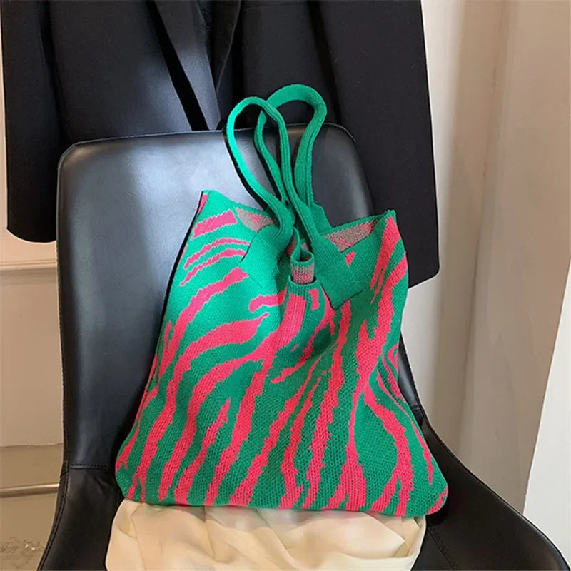 Zebra Pattern Knitted Crochet Bag Large Capacity Women Shoulder Tote