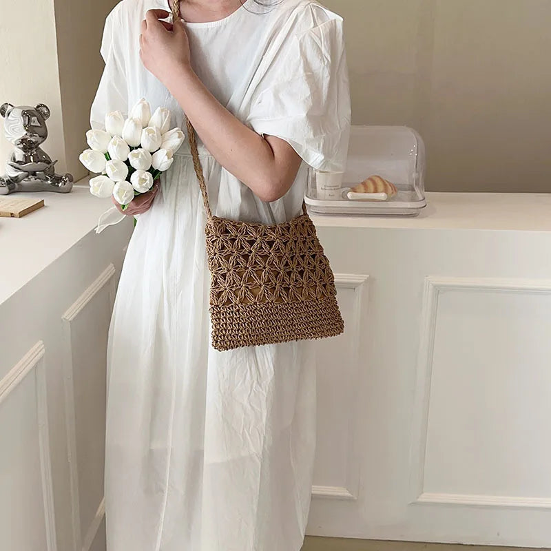 Women Beach Woven Straw Shoulder Messenger Bag Boho Crossbody Macrame Purse