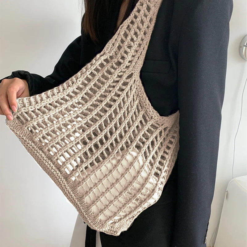 Solid Color Knitting Shoulder Bag Hollow Out Bohemian Crochet Tote For Women