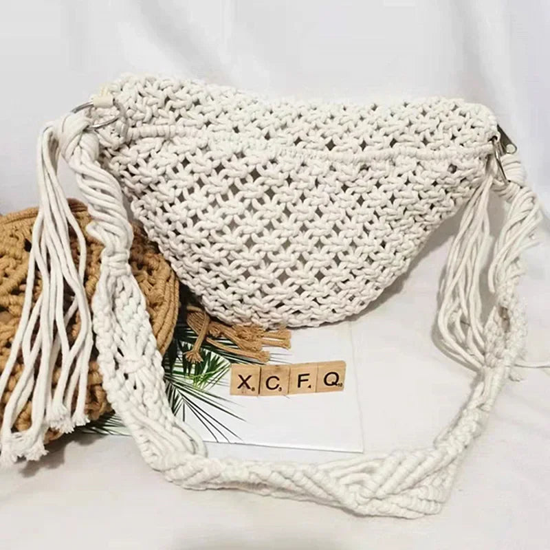 Women Summer Beach Knitted Bag Bohemian Crochet Waist Fanny Pack Shoulder Tote