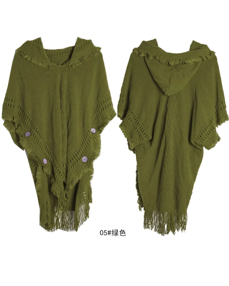 Hooded Crochet Cloak Poncho Shawl Boho Chic Knit Wrap For Women
