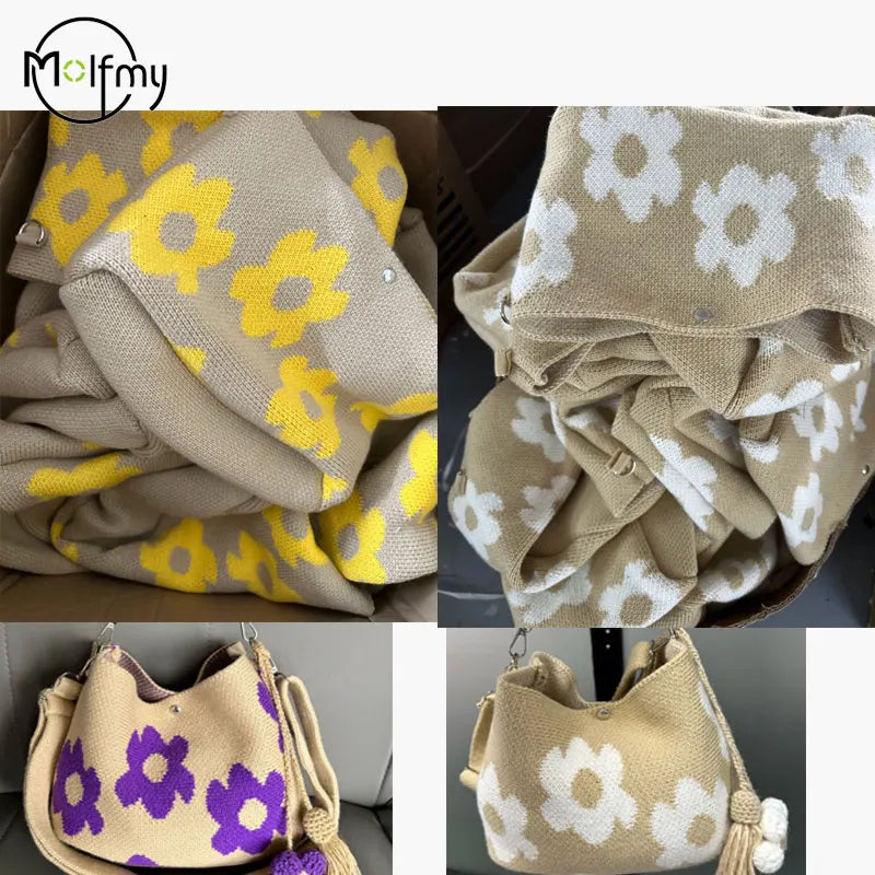 Handmade Crochet Flower Tote Bag Crossbody Purse Boho Beach Bag For Women