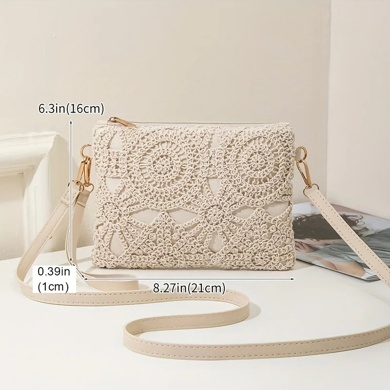 Sac à bandoulière polyvalent coréen en crochet tressé en paille avec fermeture éclair