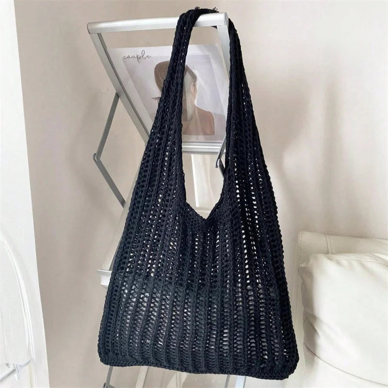 Yogodlns Solid Color Crochet Tote Shoulder Bag Bohemian Woven Handbag