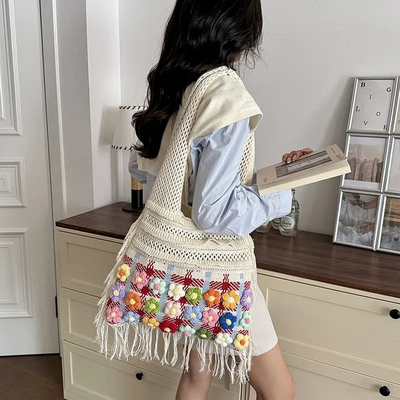 Grand sac à bandoulière en crochet pour femme, idéal pour un usage quotidien décontracté, l'école ou les trajets.
